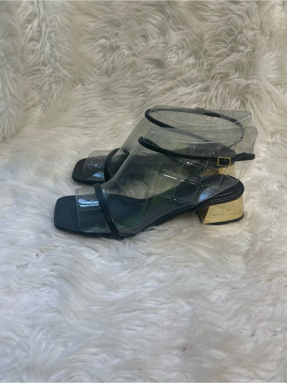 Zara leather Black Ankle-Strap Block gold tone Heel Sandals EUR SZ39.
